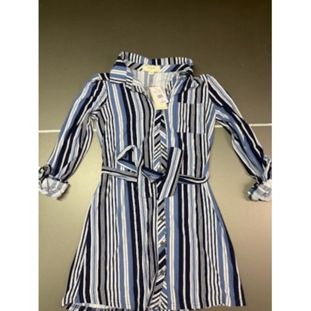 No Comment NY-LA Blue White Striped Belted Shirt Dress RK525575 Small NWT